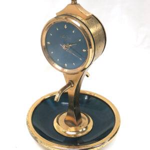 Brass and Blue Enamel Desk Clock with 8 Day Swiss Movement.