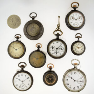 Lot of 9 Swiss Pocket Watches Open Face Gun Metal/ Steel Small