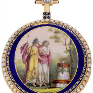 Swiss Verge 18k Yellow Gold & Enamel Open-Face Key-wind Pocket Watch studded with Pearls, with scene of Minerva & Maiden before alter of love, c.1790