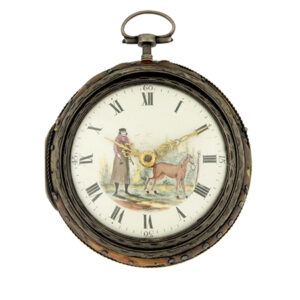 Swiss Triple Case Silver & Painted Horn Pocket Watch c. 1780, Verge, Painted Dial