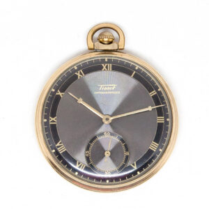 Tissot "Antimagnetique" Gold Fill Open Face Pocket Watch with 2-Tone Black Dial