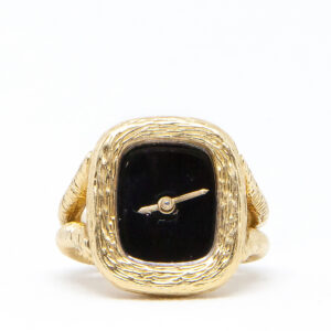 Swiss 18k Yellow Gold Ring Watch with Onyx Dial