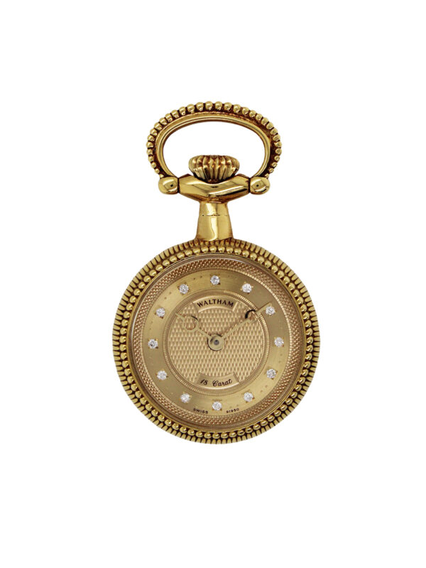 Waltham, Swiss, 18k Yellow Gold Open Face Pendant Watch w/ diamonds