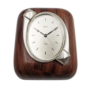Gucci Chrome & Wood 8-Day Alarm Desk Clock c. 1960s