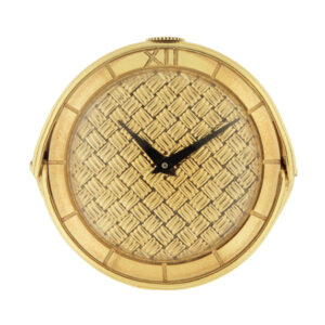 Universal Geneve 18k Yellow Gold Travel Clock with Basketweave textured dial c. 1950, w/ Jaegar Le-Coultre fitted leather case