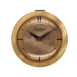 Universal Geneve 18k Yellow Gold Travel Clock, With waffle textured dial & bezel c. 1950. w/ fitted leather case