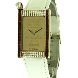 Bucherer for Credit Suisse 10g. 18k Yellow Gold Ingot with Diamond & Ruby Bezel Wrist Watch