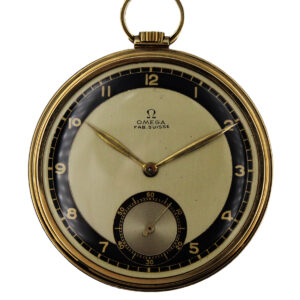 Omega 18k Yellow Gold 46mm Open Face Pocket Watch w/ 2-Tone Dial c. 1930s