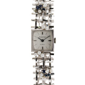 Bulova 18k White Gold Ladies' Bracelet Watch with Sapphire & Pearl Lattice Bracelet c. 1960s