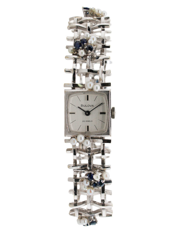 Bulova 18k White Gold Ladies' Bracelet Watch with Sapphire & Pearl Lattice Bracelet c. 1960s