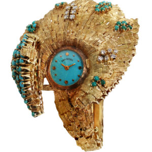 Swiss 18k Yellow Gold Concealed Dial Unique-Shaped Lady's Bracelet Watch with Turquoise & Diamond Decorative Accent