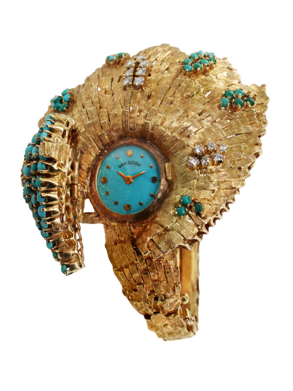 Swiss 18k Yellow Gold Concealed Dial Unique-Shaped Lady's Bracelet Watch with Turquoise & Diamond Decorative Accent