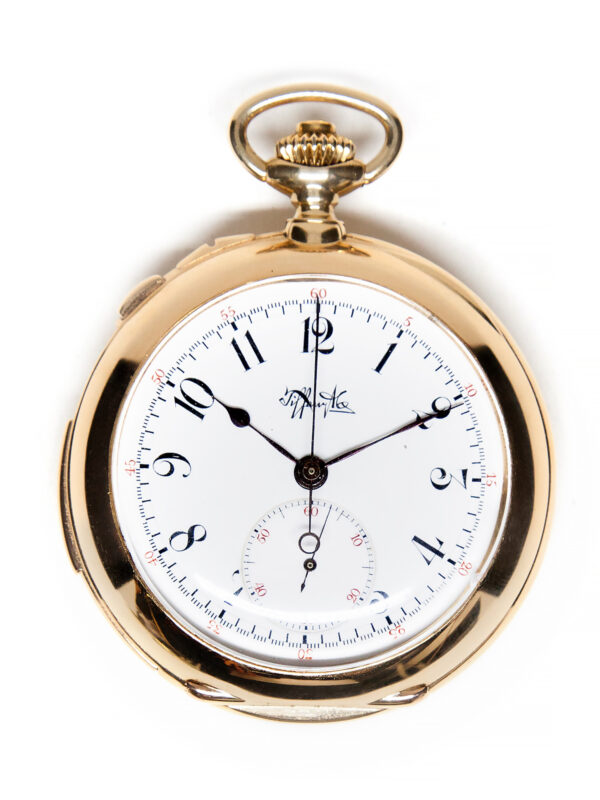 Tiffany & Co. 18k Yellow Gold Open Face Split-Second Chronograph Minute Repeater Pocket Watch