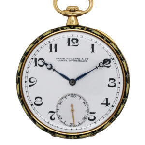 Patek Philippe 18k Yellow Gold & Enamel Thin Open Face Pocket Watch with Extract c. 1920, retailed by Davis & Hawley, Bridgeport & Waterbury