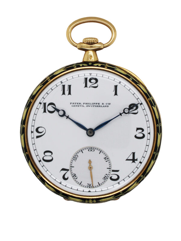 Patek Philippe 18k Yellow Gold & Enamel Thin Open Face Pocket Watch with Extract c. 1920, retailed by Davis & Hawley, Bridgeport & Waterbury