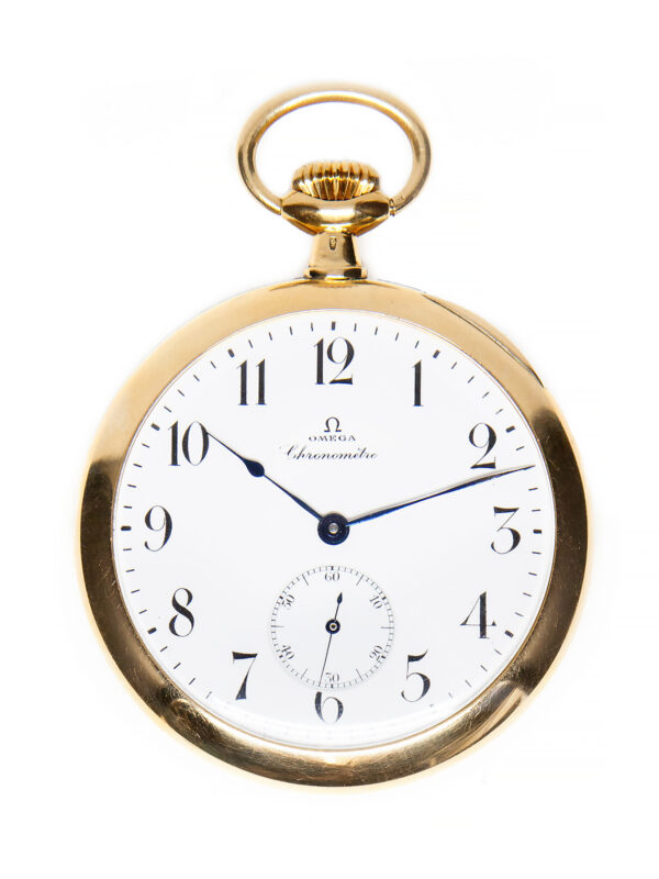 Omega "Chronometre" 18k Yellow Gold 51mm Open Face  Pocket Watch w/ Box c. 1910s