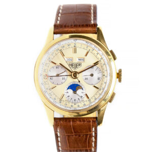 Heuer 18k Yellow Gold Triple Calendar Chronograph Wristwatch with Moonphase c. 1980s