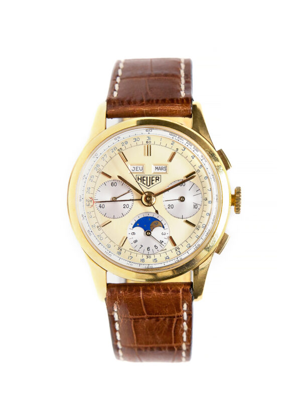 Heuer 18k Yellow Gold Triple Calendar Chronograph Wristwatch with Moonphase c. 1980s