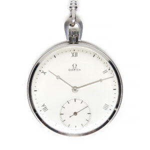 Omega Stainless Steel 44mm Keyless Open Face Pocket Watch with Box & Chain c. 1943