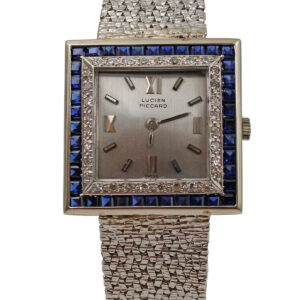 Lucian Piccard 14k White Gold, Diamond & Sapphire Mechanical Bracelet Watch c. 1960s