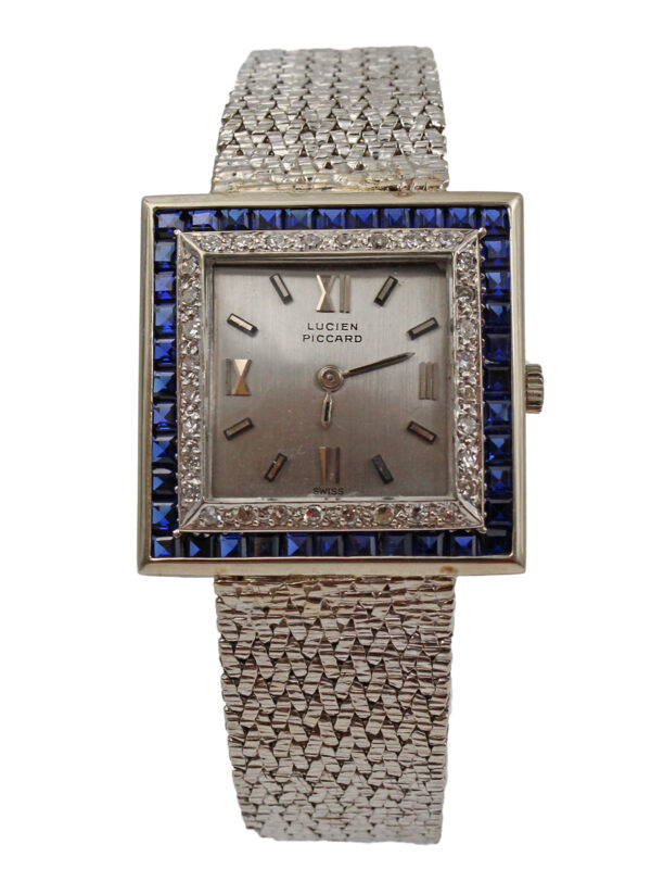 Lucian Piccard 14k White Gold, Diamond & Sapphire Mechanical Bracelet Watch c. 1960s