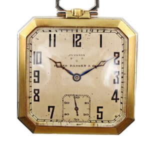 Juvenia 18k Yellow Gold Square Open Face Travel Pocket Watch with Box & Swing-Out Stand c. 1915