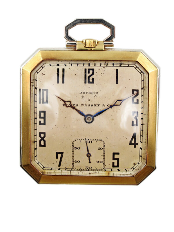 Juvenia 18k Yellow Gold Square Open Face Travel Pocket Watch with Box & Swing-Out Stand c. 1915