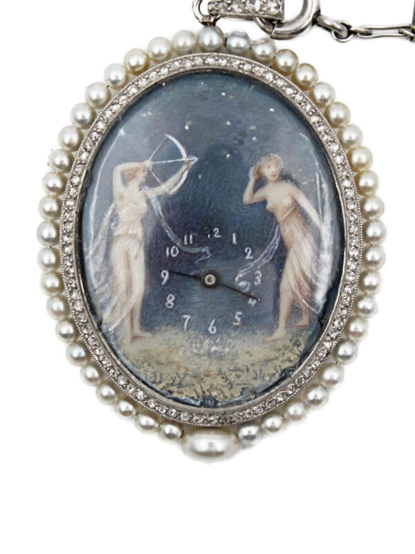 Fernand Paillet Designed Platinum, Diamond & Pearl Pendant Necklace with Painted Neoclassical Enamel Scenes c. 1910s