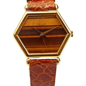 Piaget 18k Yellow Gold Hexagonal Tiger's Eye Wristwatch with Pouch c. 1970s, Ref 9558