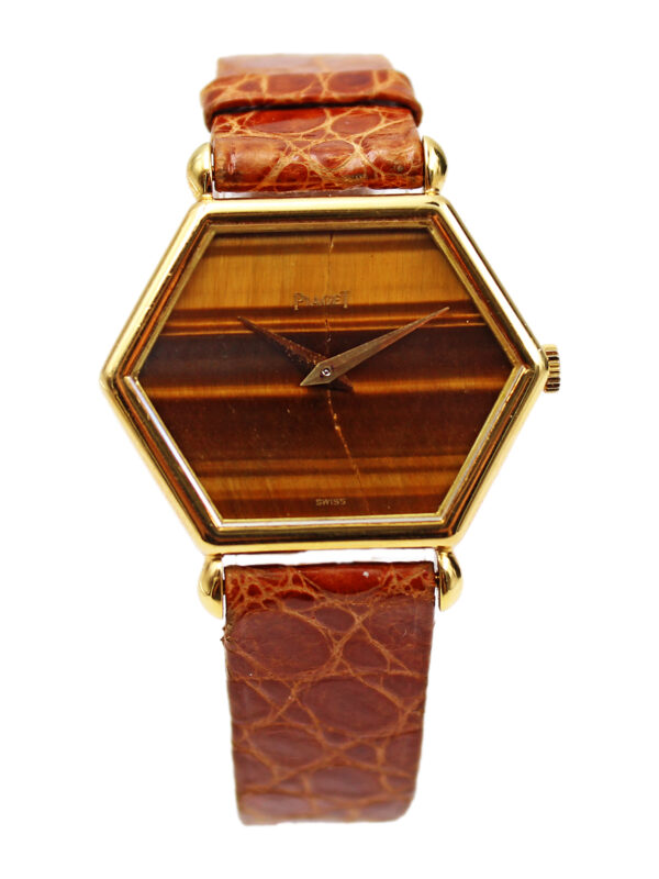 Piaget 18k Yellow Gold Hexagonal Tiger's Eye Wristwatch with Pouch c. 1970s, Ref 9558