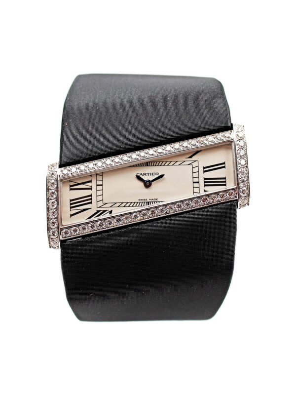 Cartier “Divan Diagonale” 18k White Gold & Diamond Asymmetrical Wristwatch with Box, Ref 2786