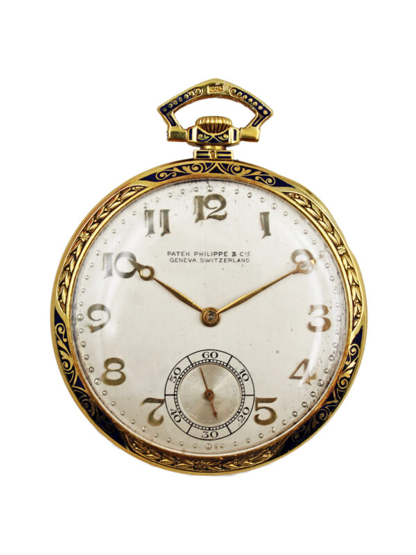 Patek Philippe 18k Yellow Gold & Enamel Open Face Pocket Watch w/ Extract c. 1925