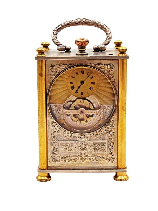 Frainier Small Carriage Clock w/ Silver Relief Panels & "Poor Man's Toubillon" c. 1910s