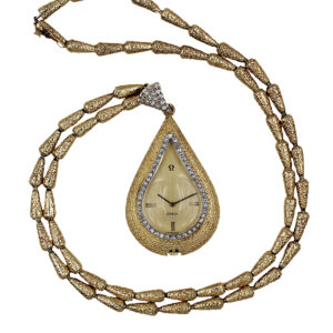 Omega 14k Yellow Gold & Diamond Large Pear-Shaped Pendant Watch & Chain c. 1970s