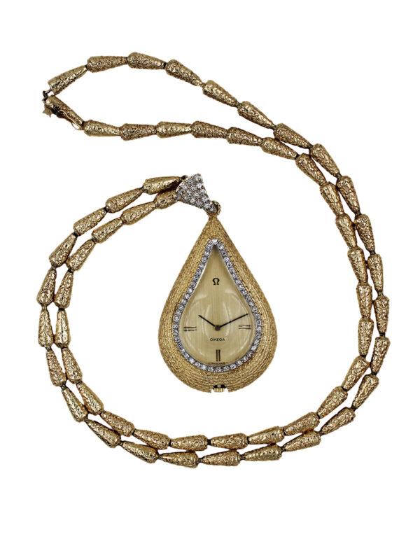 Omega 14k Yellow Gold & Diamond Large Pear-Shaped Pendant Watch & Chain c. 1970s