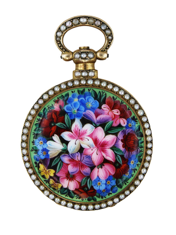 Bovet Fleurier Silver Gilt, Enamel & Pearl Open Face Key-Wind Pocket Watch c. 1860s, made for Chinese Market