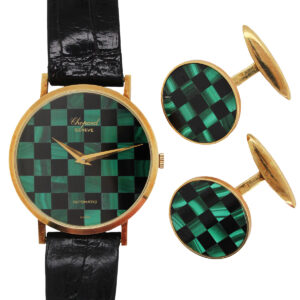 Chopard 18k Yellow Gold Malachite & Onyx Checkerboard Wristwatch w. Matching Gold & Stone Cufflinks c. 1990’s, Ref 1038/1