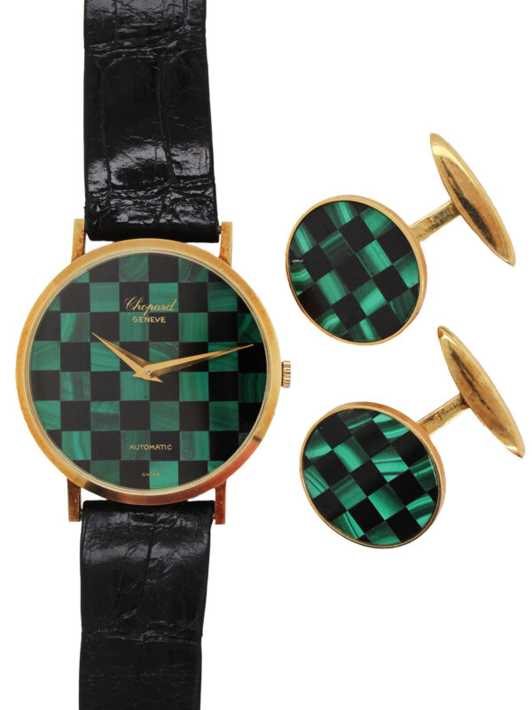 Chopard 18k Yellow Gold Malachite & Onyx Checkerboard Wristwatch w. Matching Gold & Stone Cufflinks c. 1990’s, Ref 1038/1