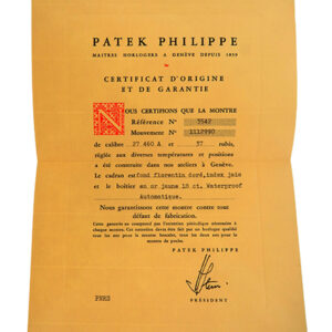 Patek Philippe Certificate of Origin with Original Envelope