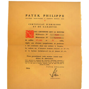 Patek Philippe (Ref 3429) Certificate of Origin with Original Envelope