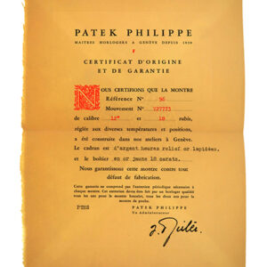 Patek Philippe (Ref 96) Certificate of Origin with Original Envelope