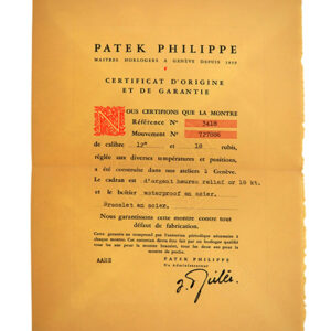 Patek Philippe (Ref 3418) Certificate of Origin with Original Envelope