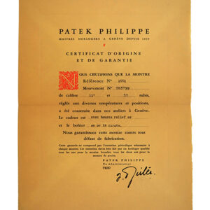 Patek Philippe (Ref 2552) Certificate of Origin with Original Envelope