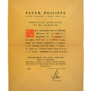 Patek Philippe (Ref 3425) Certificate of Origin with Original Envelope