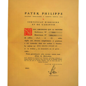 Patek Philippe (Ref 3361) Certificate of Origin with Original Envelope