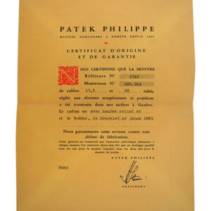 Patek Philippe (Ref 3362) Certificate of Origin with Original Envelope