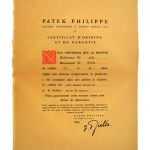 Patek Philippe (Ref 2540) Certificate of Origin with Original Envelope