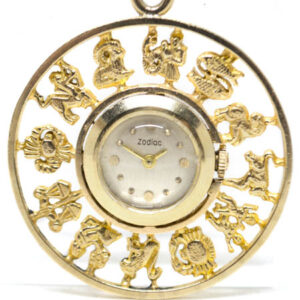 Zodiac 14k Yellow Gold Pendant Watch with 12 Zodiacs & Box c. 1958