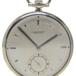 Zenith 18k White Gold 43mm Open Face Pocket Watch with Baguette Diamond Indexes