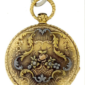 French Yellow Gold Multicolored Engraved Open Face Pocket Watch